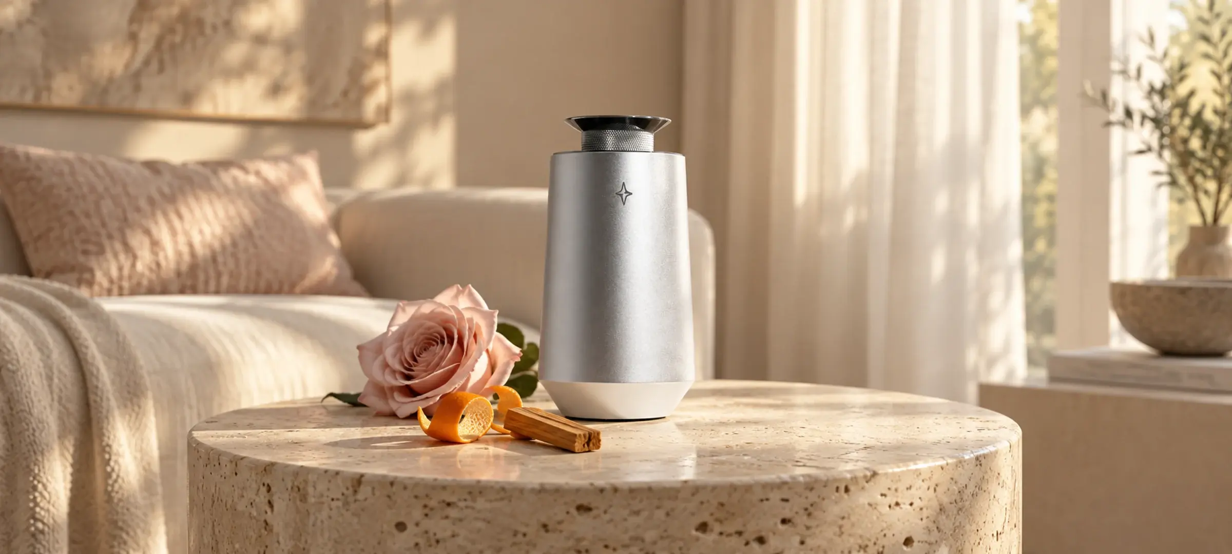 Silver Vessel 01 on a stone table beside a rose, mandarin peel and sandalwood in a sunlit living room.