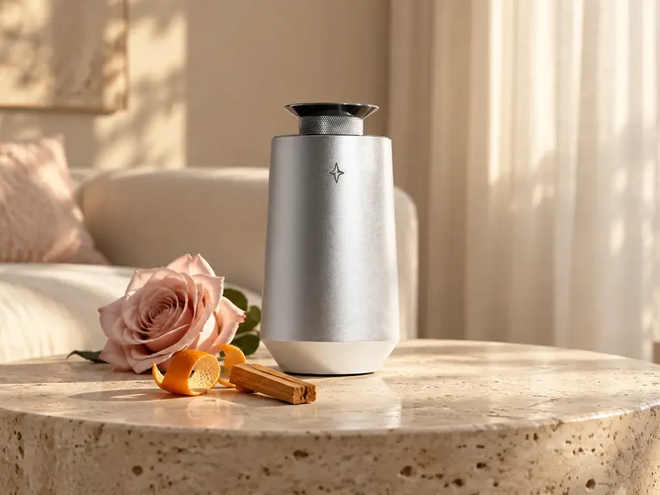 Silver Vessel 01 on a stone table beside a rose, mandarin peel and sandalwood in a sunlit living room.