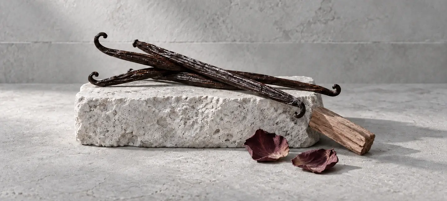 Vanilla pods on a limestone block beside sandalwood and dried rose petals, with soft daylight and clean, neutral grey tones.